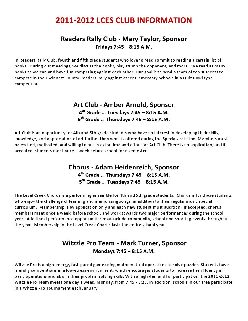 LCES 2011-2012 Club Activities Overview | PDF | Academic Term | Science