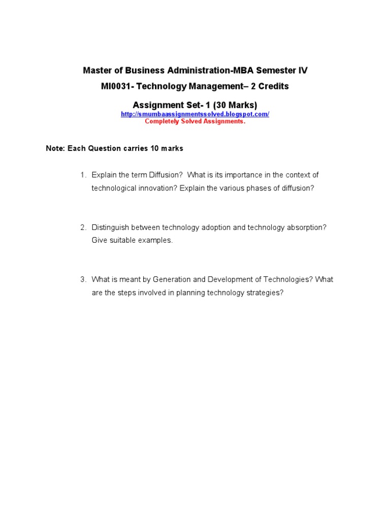 Master of Business Administration-MBA Semester IV MI0031-Technology ...