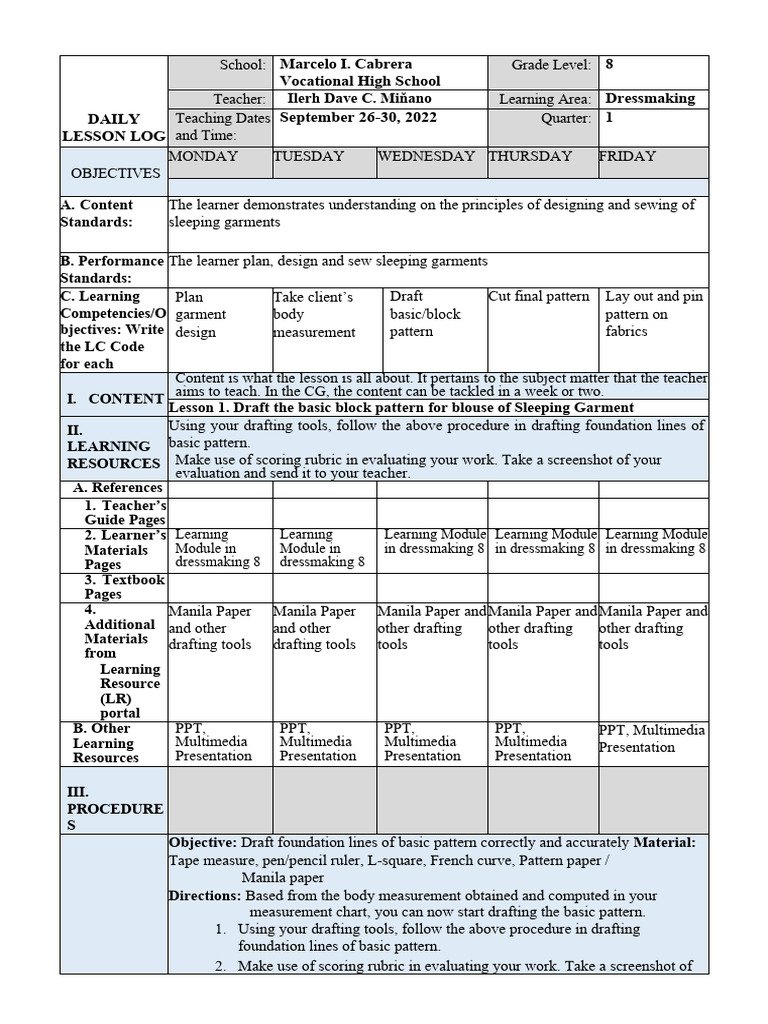 Daily Dressmaking Lesson Plan | PDF