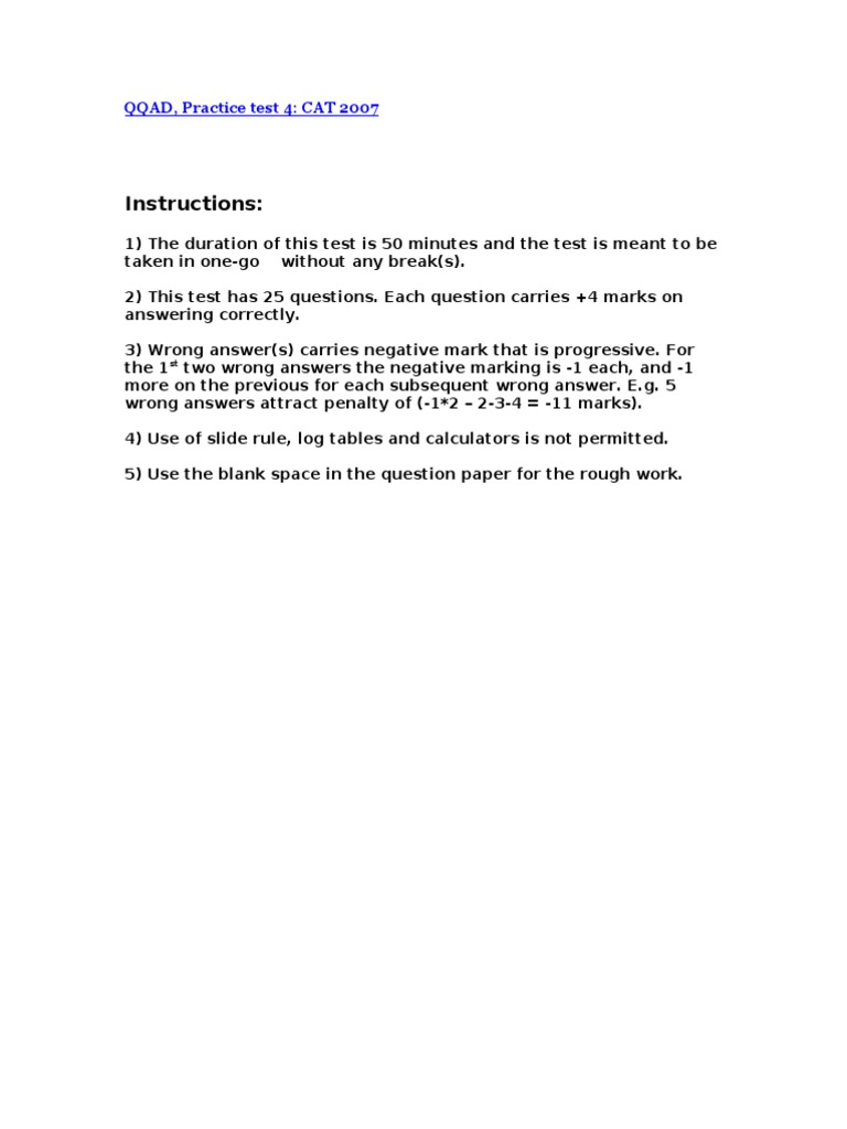 CAT 2007 Practice Test 4 Questions | PDF