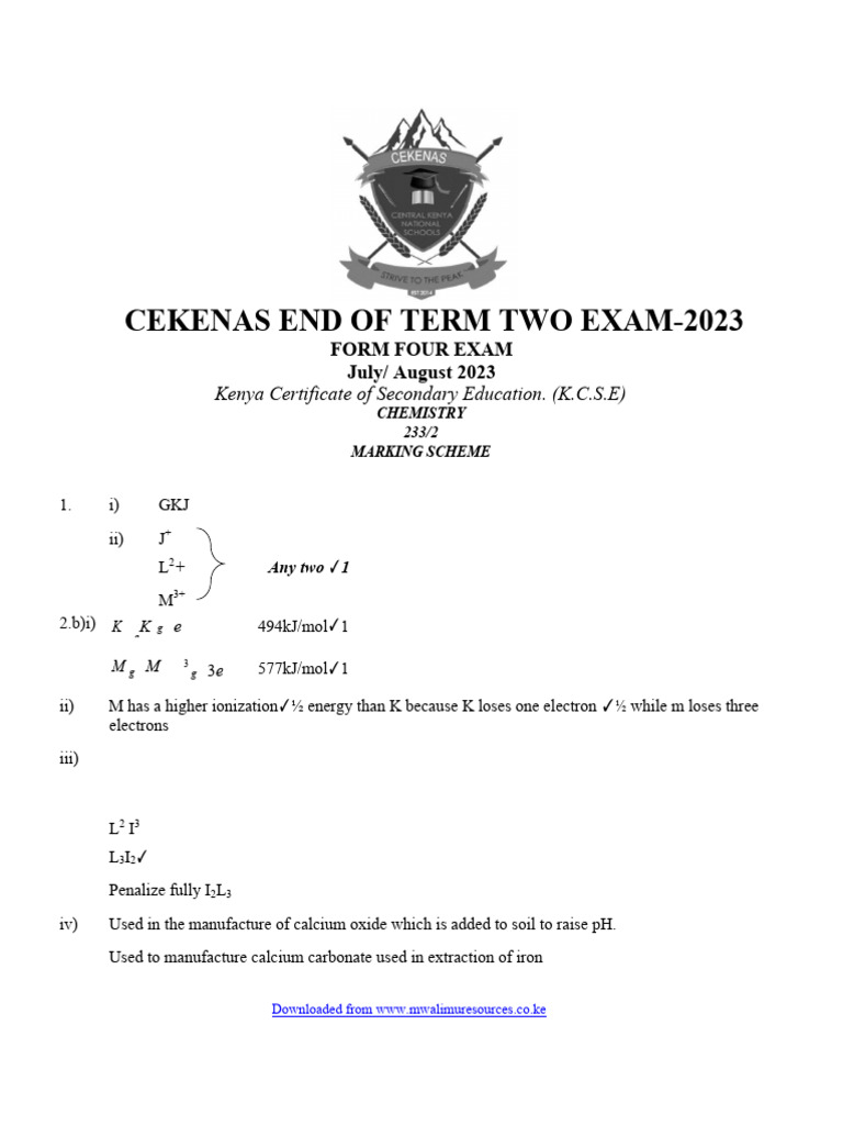 KCSE 2023 Chemistry Paper 2 Marking Scheme | PDF