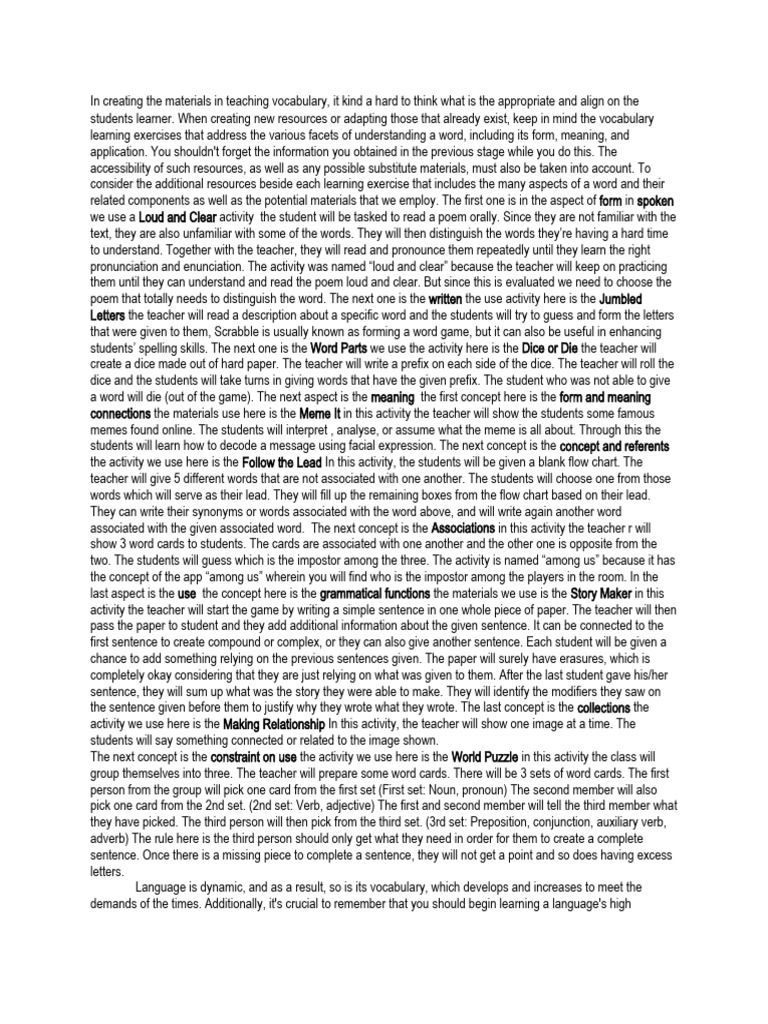 In Creating the Materials in Teaching Vocabulary PDF