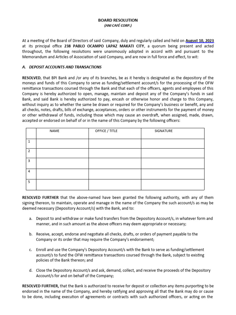 Board Resolution for ANI Café Corp. | PDF | Banks | Deposit Account