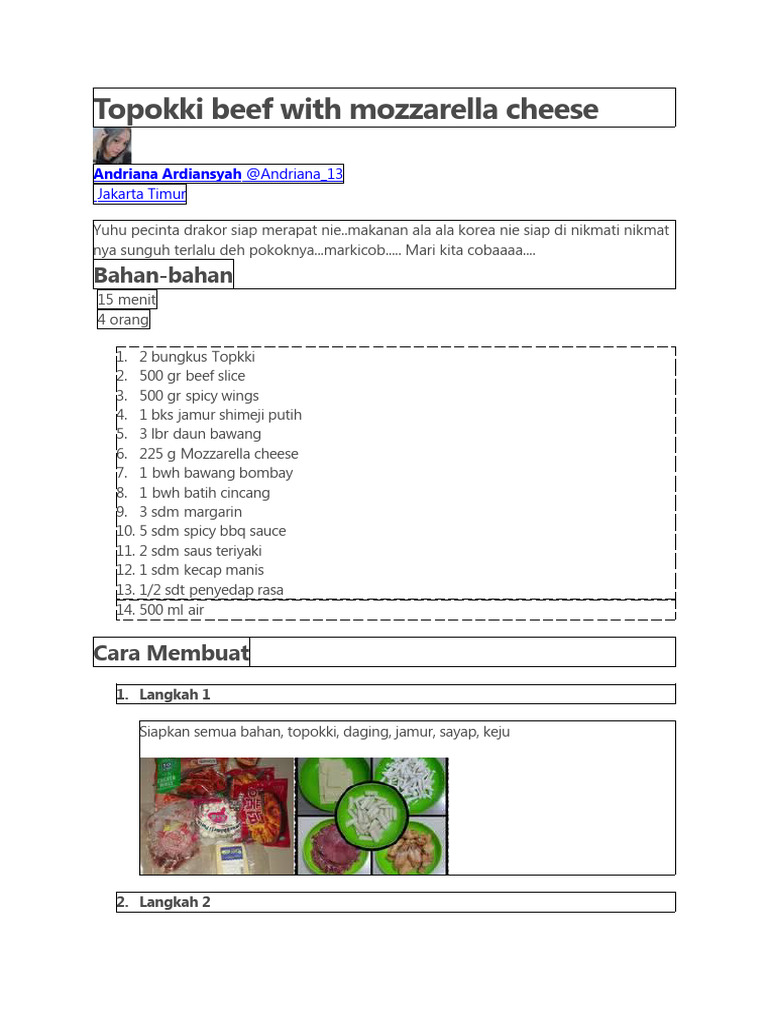 Resep Topokki Beef With Mozzarella Cheese PDF