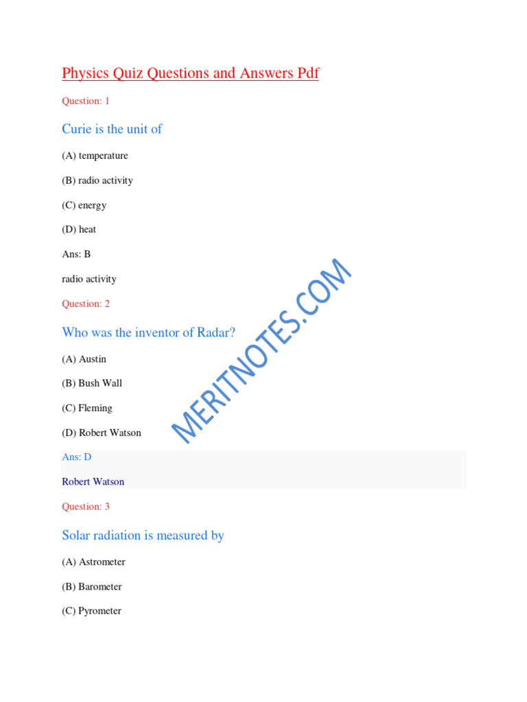 Physics Quiz Questions Answers PDF