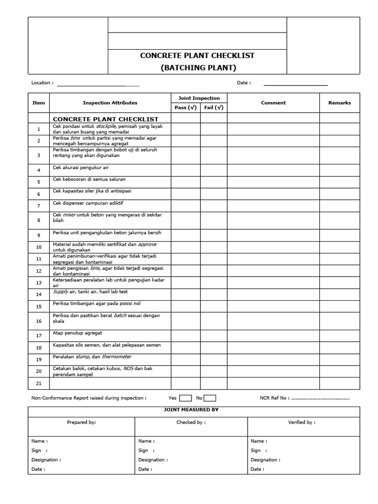 Checklist Inspeksi Batching Plant Beton | PDF