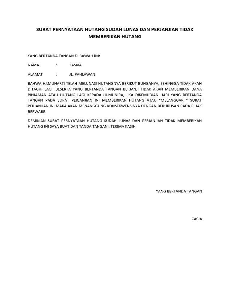 Surat Perjanjian Hutang Pdf