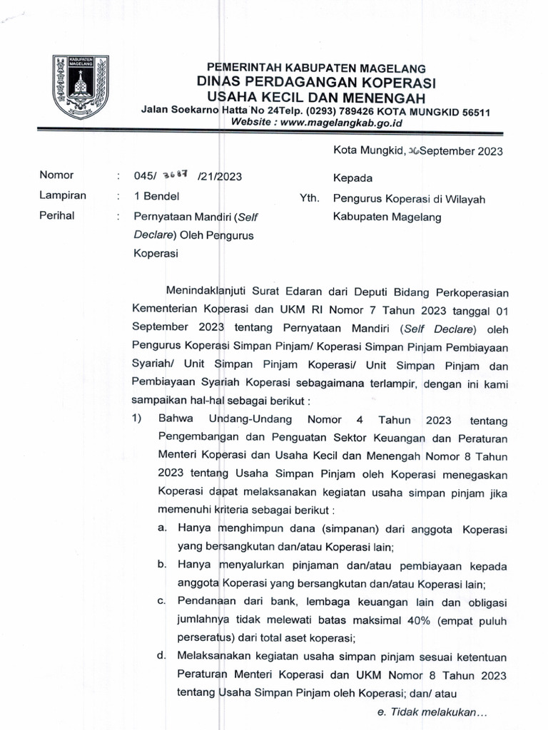Surat Edaran Self Declare Koperasi | PDF