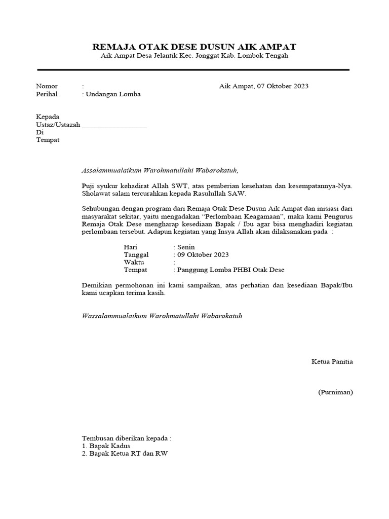 CONTOH UNDANGAN LOMBA MASJID FORMAL | PDF