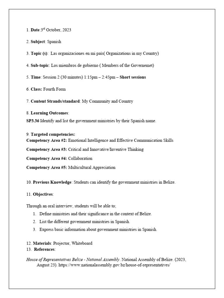 Grade 4 Spanish Lesson Plan: Ministries | PDF | Teachers | Spanish Language