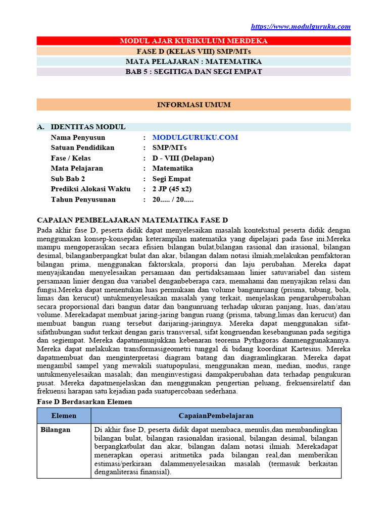 Modul Ajar Kelas 8 Smp Matematika Fase D Pdf