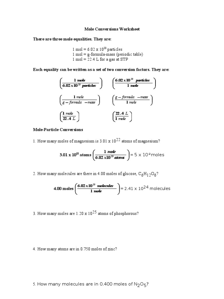 Mole Conversions Worksheet | Mole (Unit) | Gases