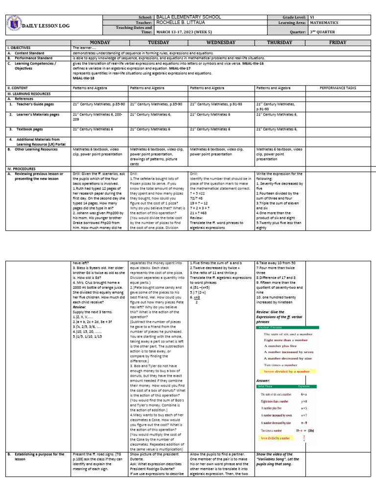 Grade VI Math Lesson Plan: Patterns & Algebra | PDF