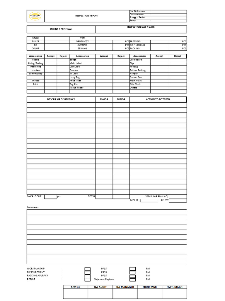 Garment Final Inspection Report Template | PDF