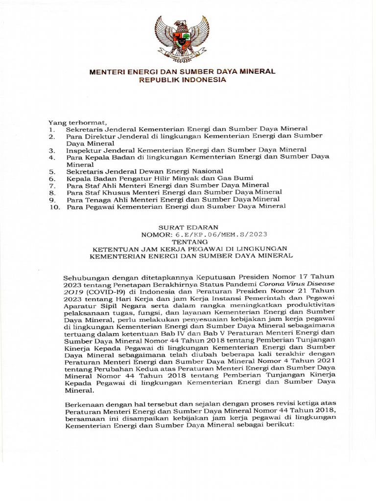 Surat Edaran 6 E 2023 Ketentuan Jam Kerja KESDM | PDF