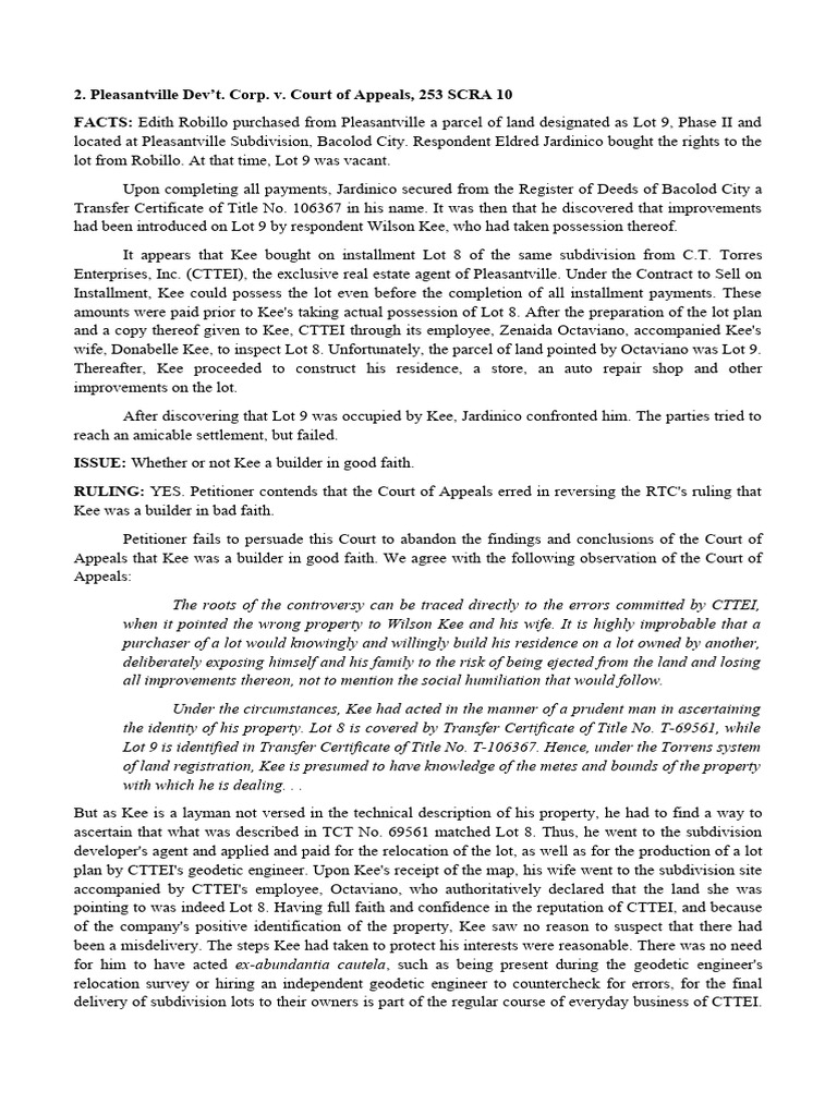 Pleasantville Devt. Corp. v. Court of Appeals 253 SCRA 10 | PDF