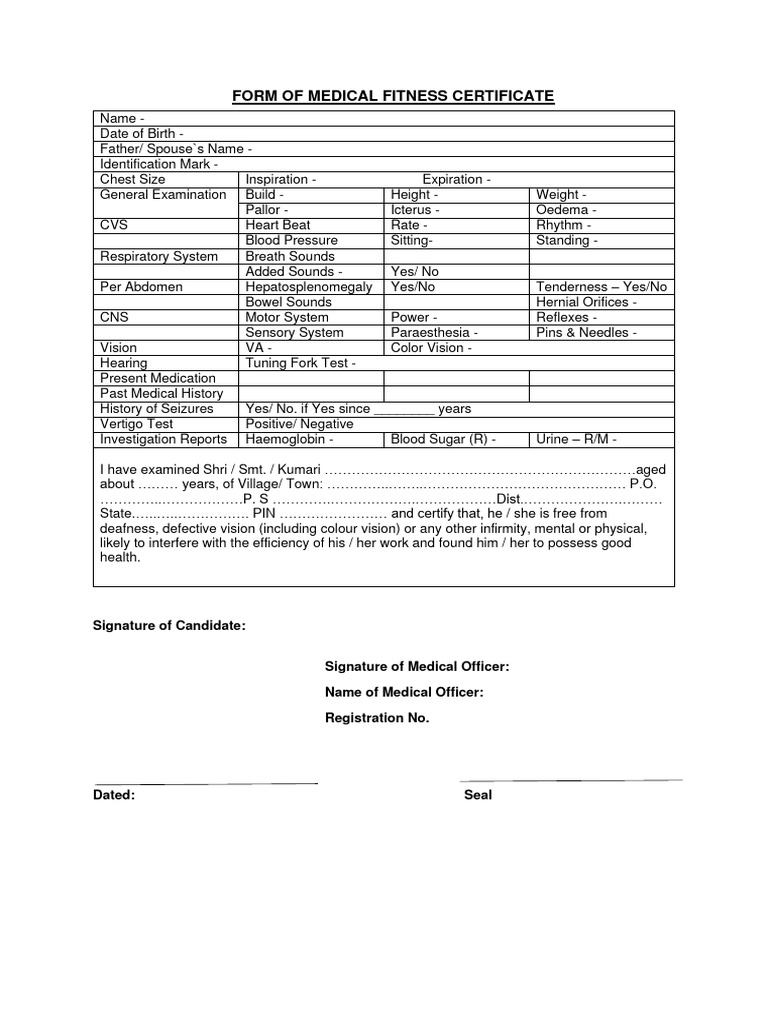 Medical Fitness Certificate BA Employees | PDF