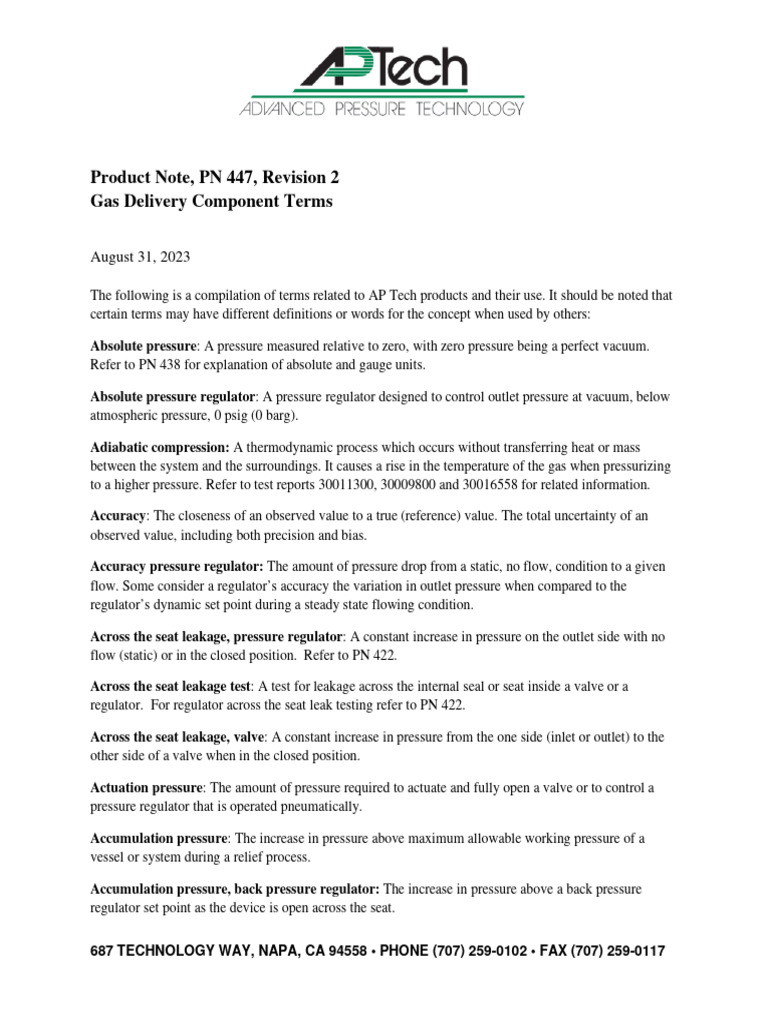 (Jargon) Product Note, PN 447, Revision 2, Gas Delivery Component Terms