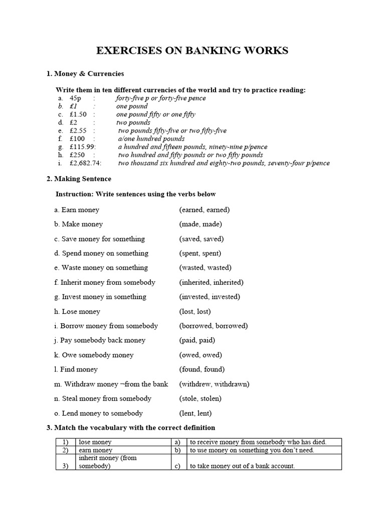 Banking Vocabulary Exercises | PDF