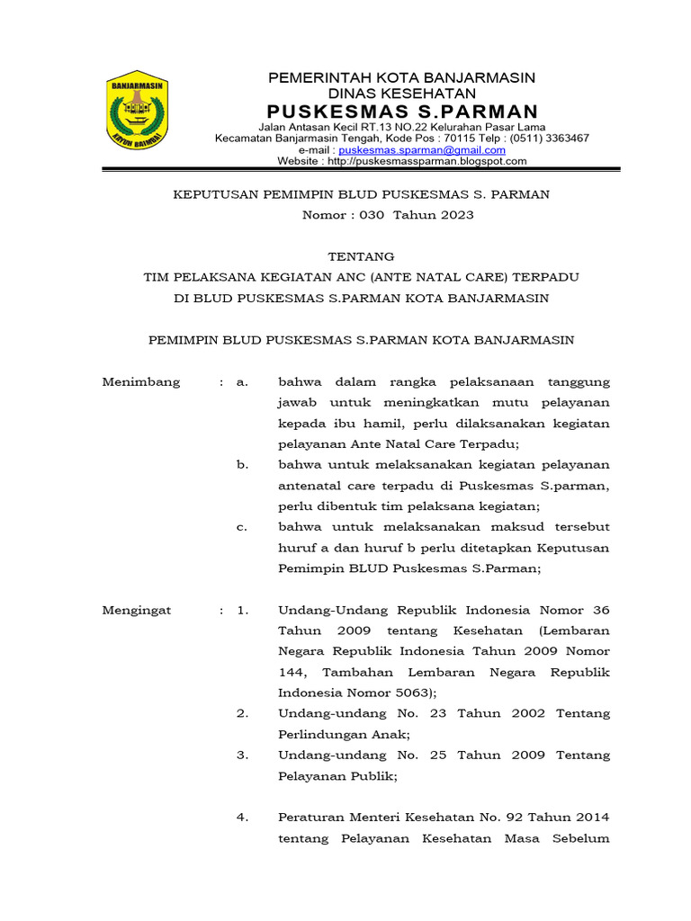 Tim Pelaksana ANC Terpadu Puskesmas S. Parman | PDF | Kesehatan Holistik