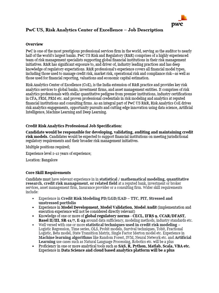 Credit Risk Analytics Job at PwC | PDF | Finance & Money Management