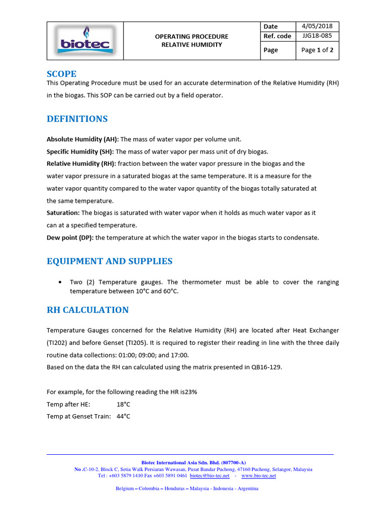 Relative Humidity SOP for Biogas | PDF | Humidity | Water Vapor