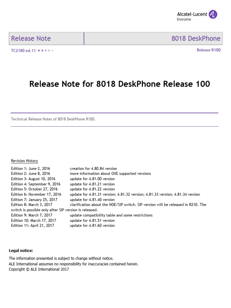 TC2180en-Ed11 Release Note For 8018 DeskPhone Release 100 | PDF