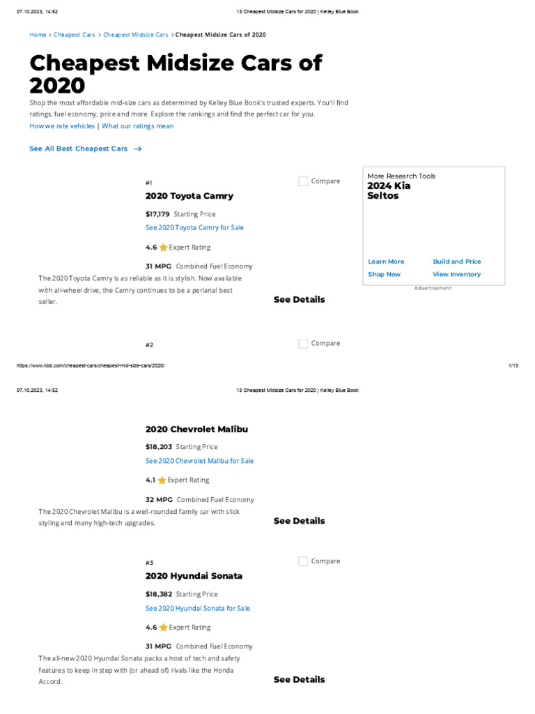 13 Cheapest Midsize Cars For 2020 Kelley Blue Book PDF