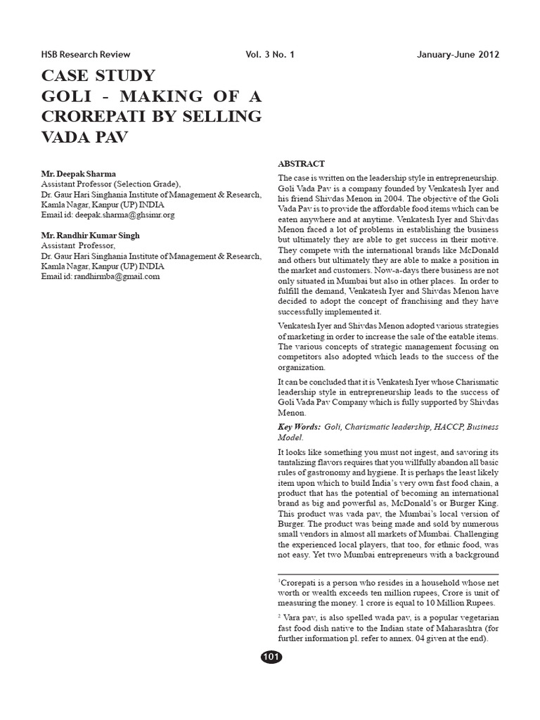 Case Study Goli Making of A Crorepati by Selling Vada Pav PDF