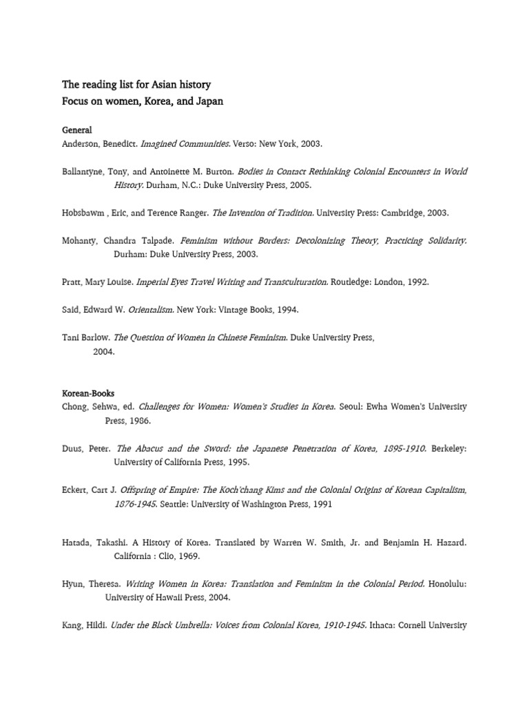 The reading list for asian history focus on women japan and korea