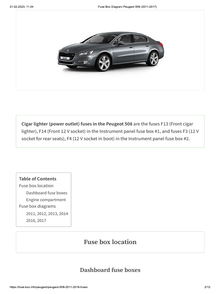Fuse Box Diagram Peugeot 508 (2011-2017)