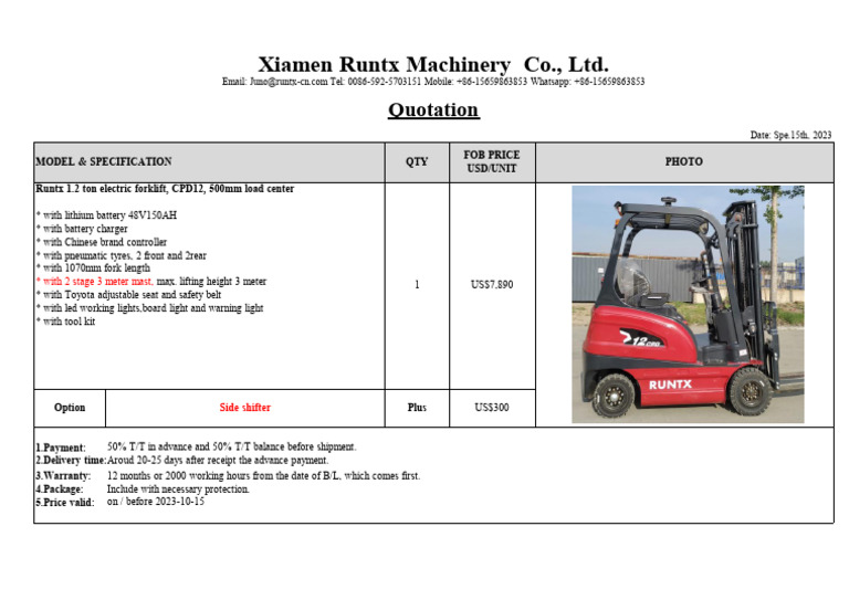 1.2ton 3m Electric forklift quotation | PDF