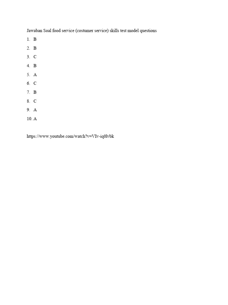 Jawaban Soal Food Service (Costumer Service) Skills Test Model