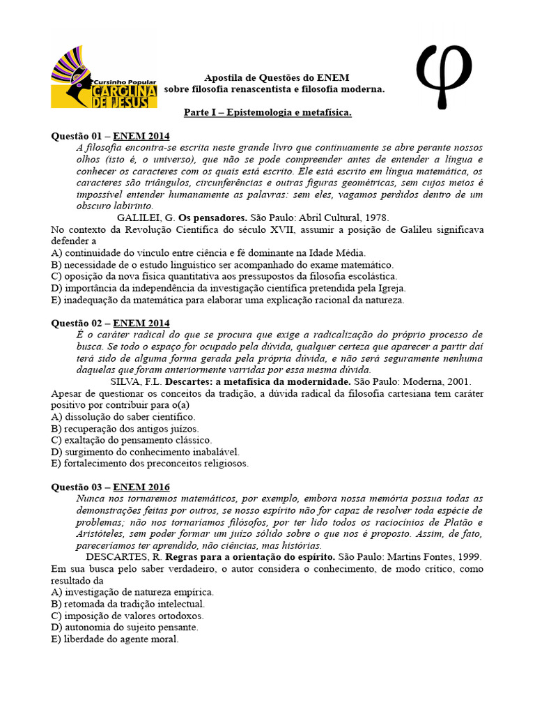 Apostila Exercícios Filosofia Moderna ENEM | PDF