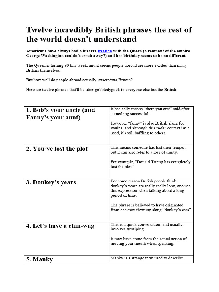 British Phrases Explained | PDF | Language Arts & Discipline | Foreign ...