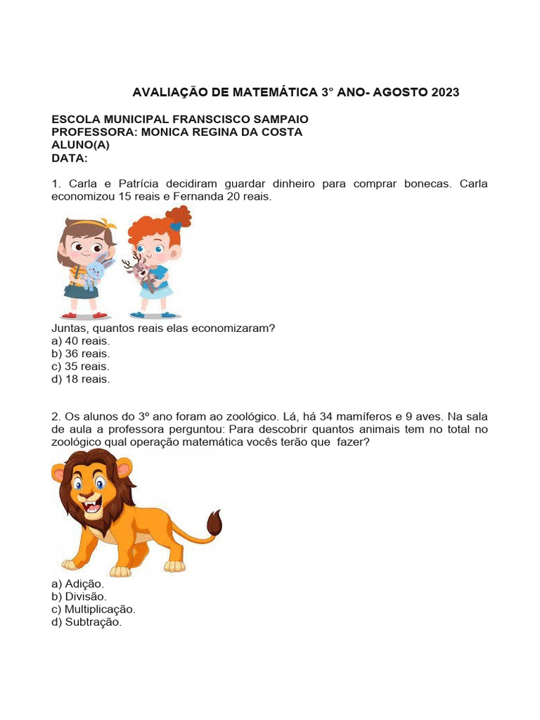Avaliação de Matemática 3º Ano 2023 | PDF