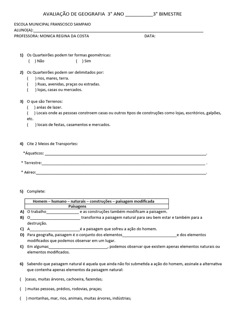 AVALIAÇÃO DE GEOGRAFIA 3 | PDF | Paisagem | Geociências