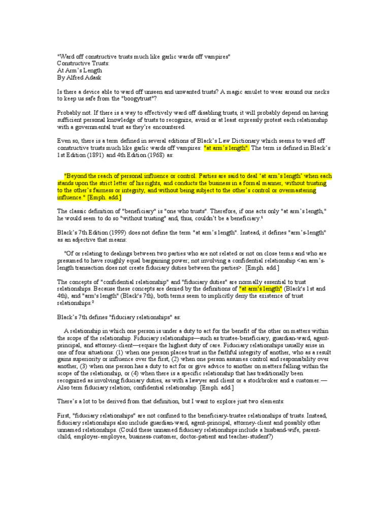 At Arms Length Trust Law Fiduciary