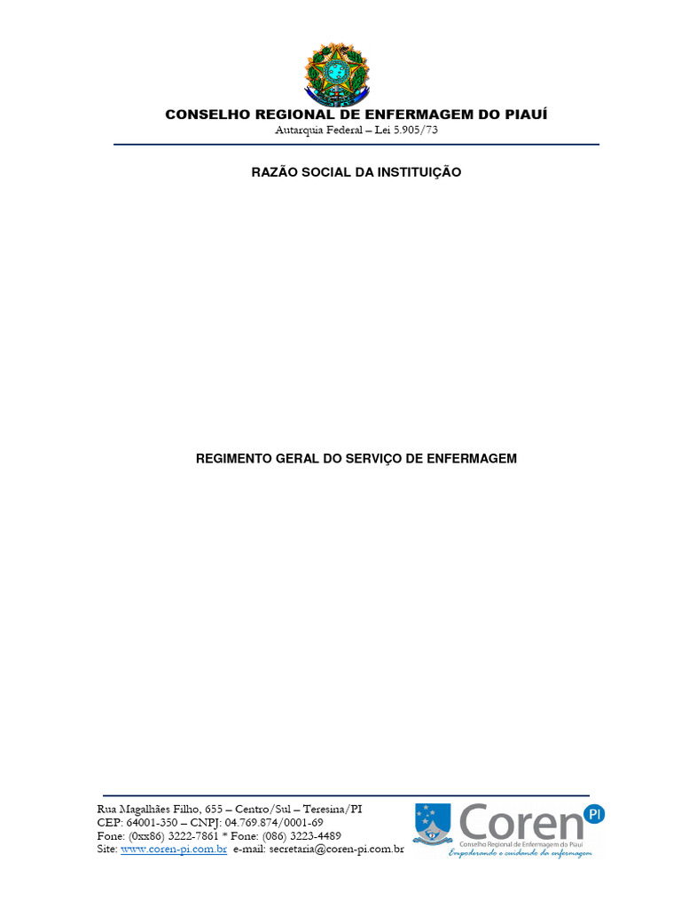 Regimento Do Serviço de Enfermagem Modelo Coren PI 2018 | PDF