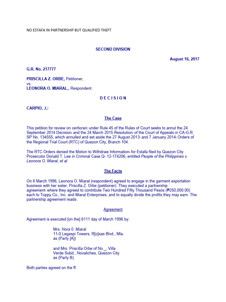 No Estafa in Partnership But Qualified Theft PDF Statute Of
