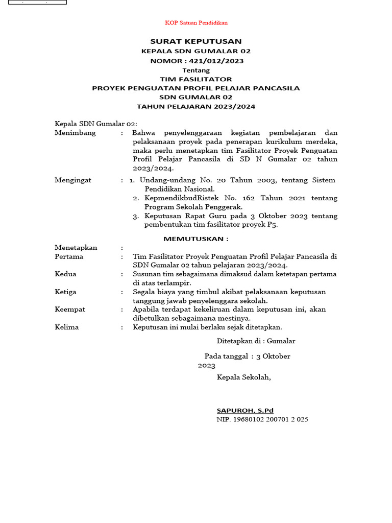Contoh. SK Fasilitator Proyek p5 TP 2022-2023 | PDF