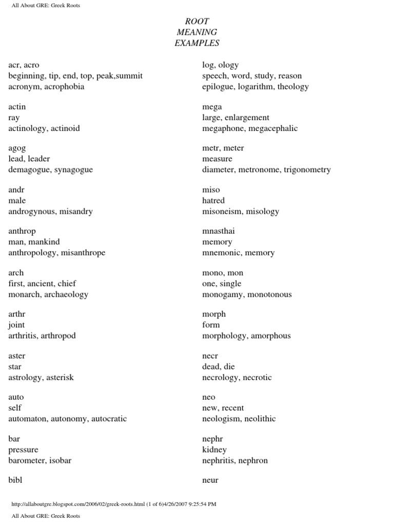 Word Lists All About GRE - Greek Roots | PDF
