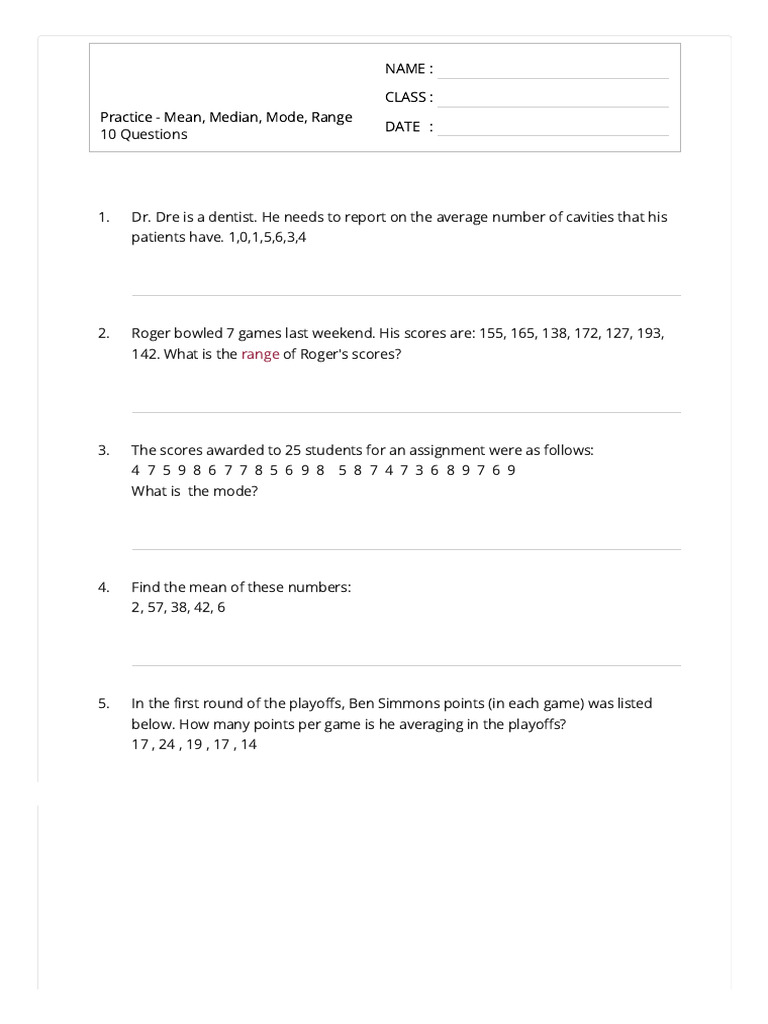 Practice - Mean, Median, Mode, Range June27 | PDF