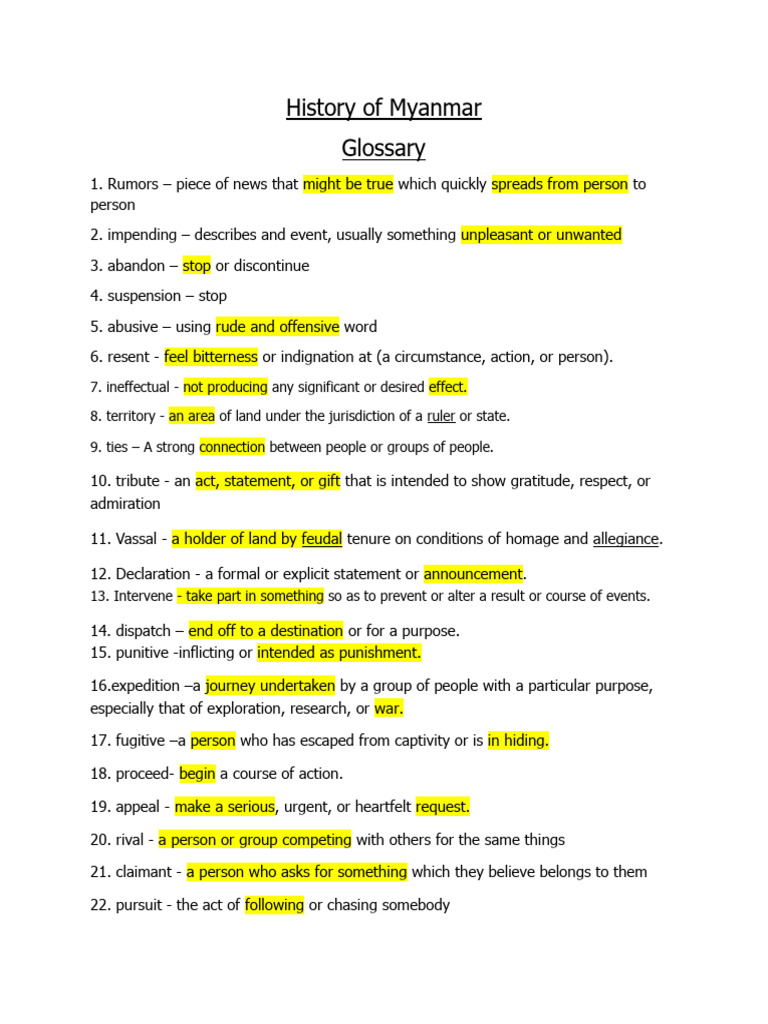History of Myanmar Glossary PDF