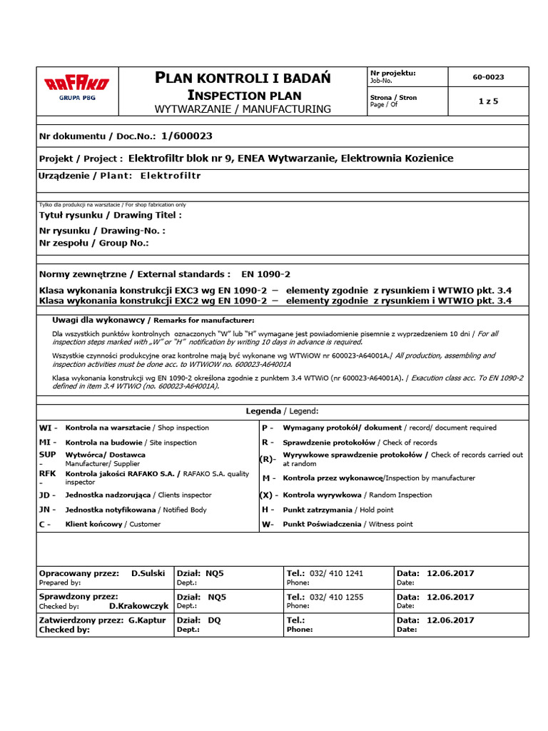 PLAN KONTROLI I BADAŃ INSPECTION PLAN WYTWARZANIE _ MANUFACTURING | PDF