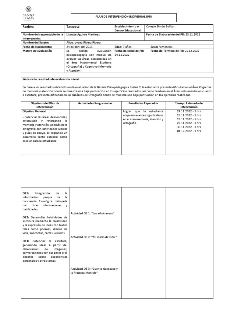 Plan de Intervención Psicopedagógica 7 años | PDF | Memoria | Evaluación