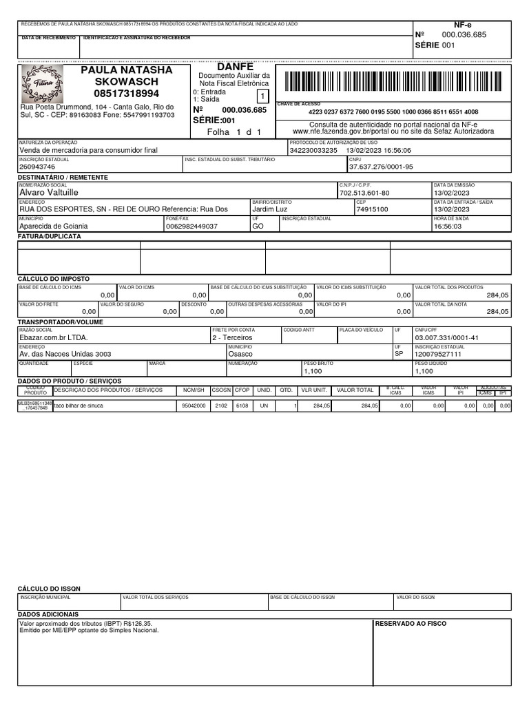 Nota Fiscal Eletrônica - CFOP 6551 | PDF | Recibo | Mercado (economia)