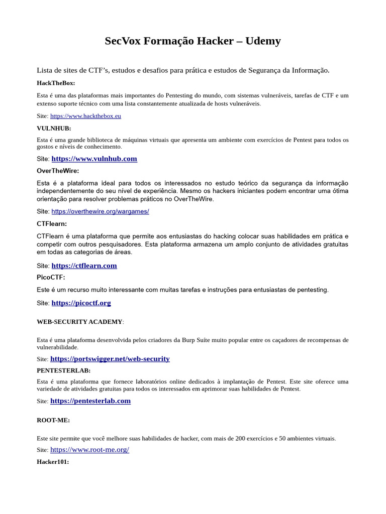 SecVox+Formação+Hacker+Lista+para+CTFs,+estudos+e+Challenges+ | PDF ...