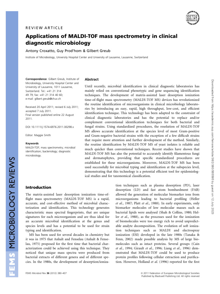 Applications of MALDITOF Mass Spectrometry in Clinical Diagnostic