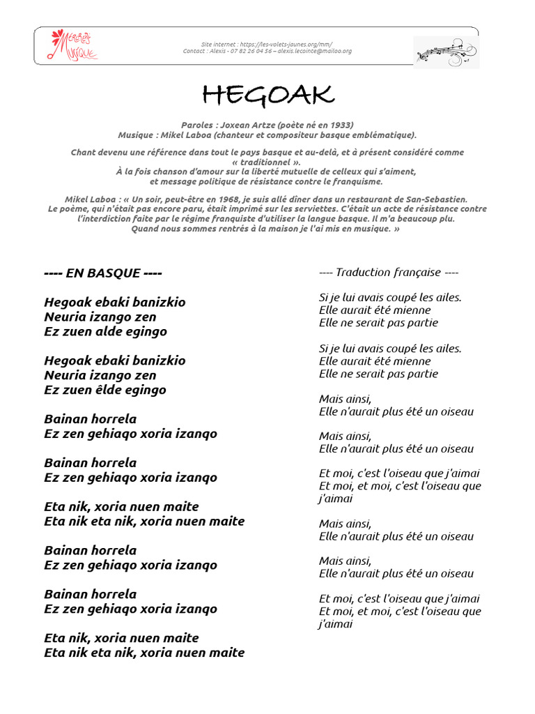 Hegoak Paroles Traduction PDF